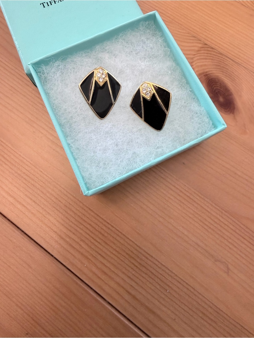 Vintage Trifari Black Enamel and Gold-Tone Geometric Earrings w/ Crystal Accents